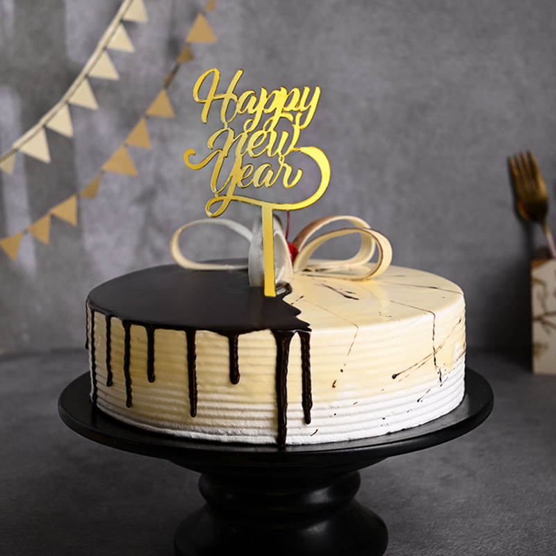 Dripping Choco Vanilla HNY Cake - A Happy New Year Cake