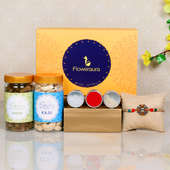 Dry Fruit Rakhi Signature Box - One Diamond and Metal Rakhi with Complimentary Roli and Chawal and 100gm Raisins in Plastic Container and 100gm Cashews in Plastic Container and One Floweraura Signature Box