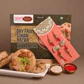 Dry Fruit Sohan Halwa with Ganesha N Peacock Rakhi: 2 Rakhi with sweets