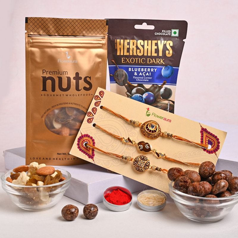 Dry Fruits With Choco N Three Rakhis