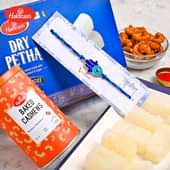 Buy Fancy Rakhi Online For Brotherwith Sweets & Dry Fruits - Delicious Dry Petha With Healthy Baked Cashews And Blue Good Luck Rakhi
