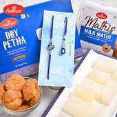 Buy Lumba Rakhi Online For Bhaiya bhabhiwith Sweets - Agra Dry Petha with Milk Matthi and American Diamond Rakhis Hamper