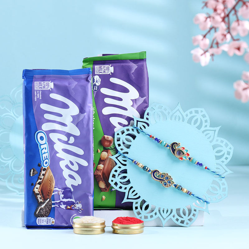 Dual Peacock Designer Rakhis N Choco Treats 