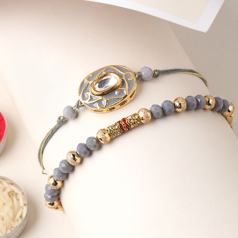 Grey Beads Pearl Rakhi Set