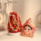 Durga Maa Decorative Mask With Red Potli: Navratri Gifts 