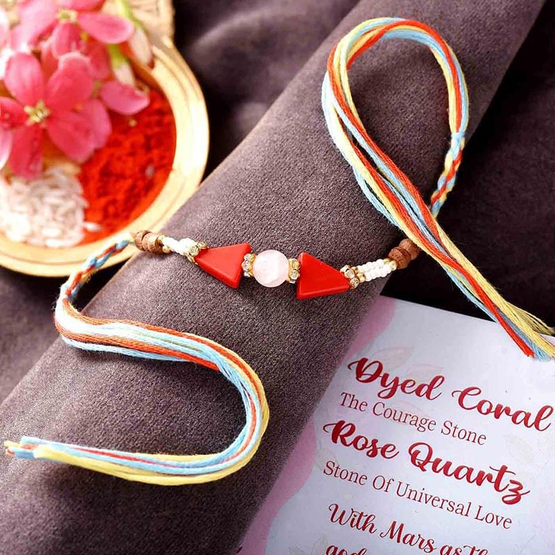 Dyed Coral N Rose Quartz Rakhi