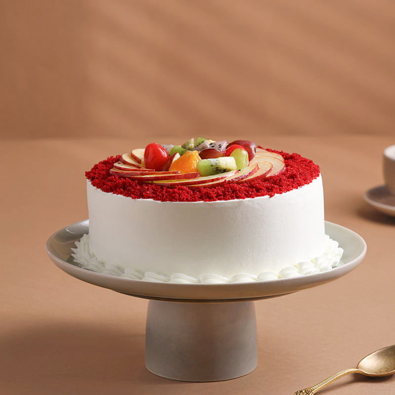 Top View eggless Red Velvet Fruit Cake - Natures Love