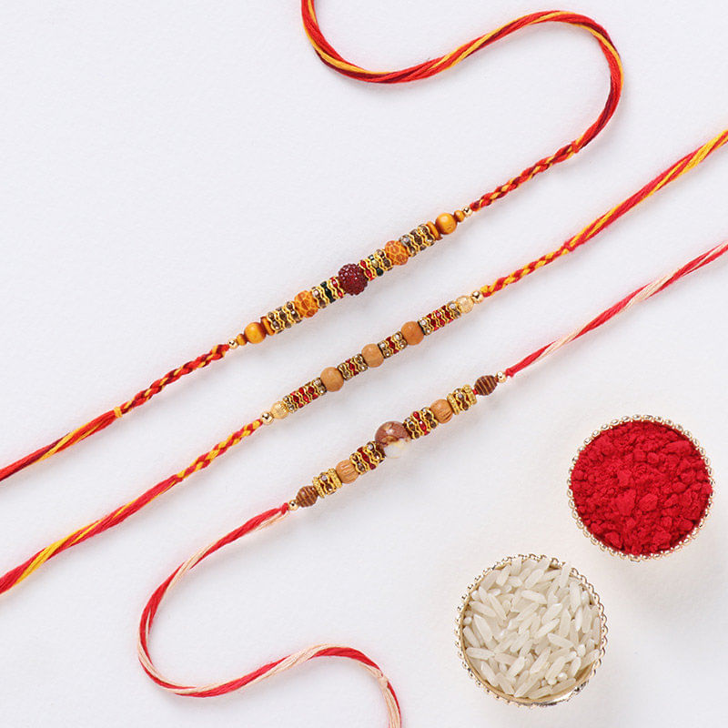 Set of 3 Beaded Mauli Rakhi with Roli Chawal