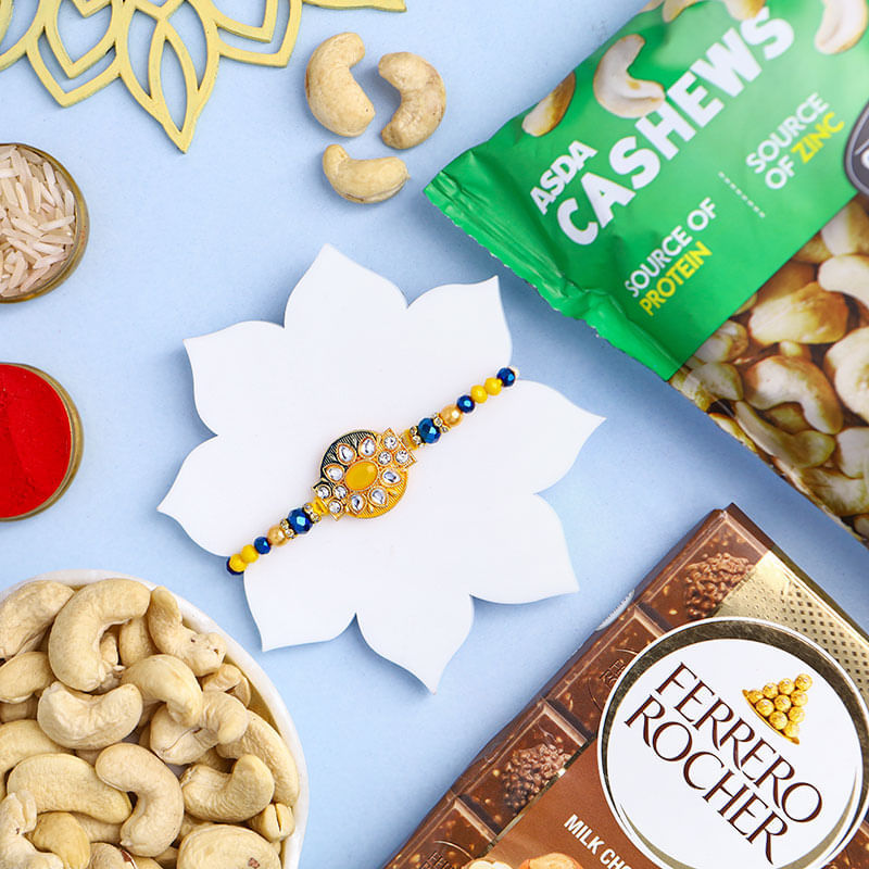 Elegant Beaded Rakhi With Cashews N Choco Treats