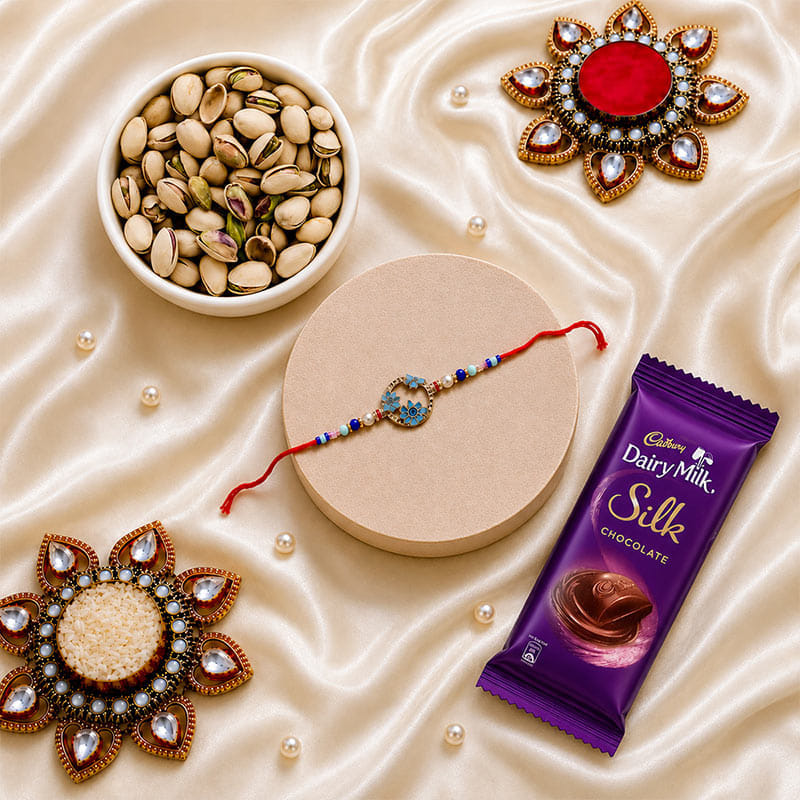 Elegant Blue Stone Rakhi With Chocolate N Nuts