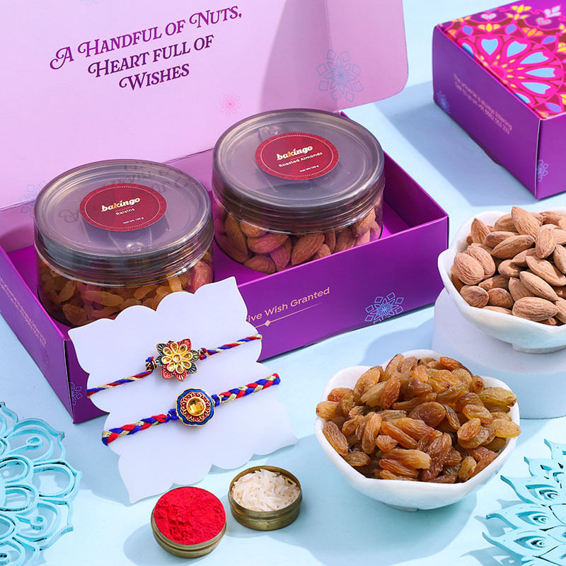 Elegant Floral Rakhi Duo N Almonds Raisins Treats