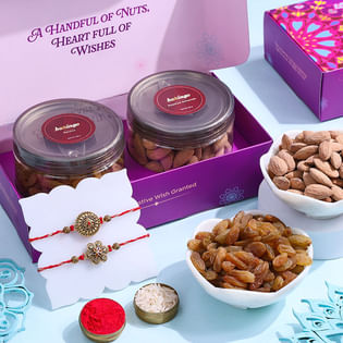 Elegant Floral Rakhi Duo With Almonds N Raisins
