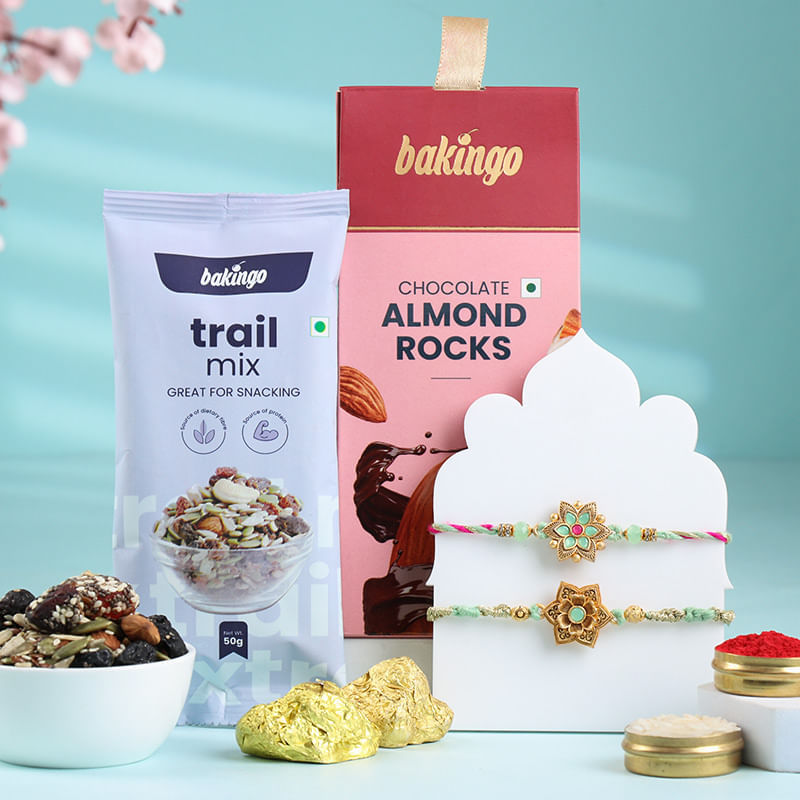 Elegant Floral Rakhi Duo With Nutty Delights-UAE