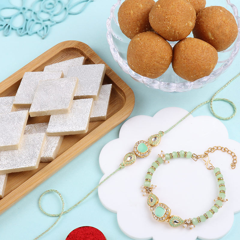 Elegant Pastel Bhaiya Bhabhi Rakhis With Sweets