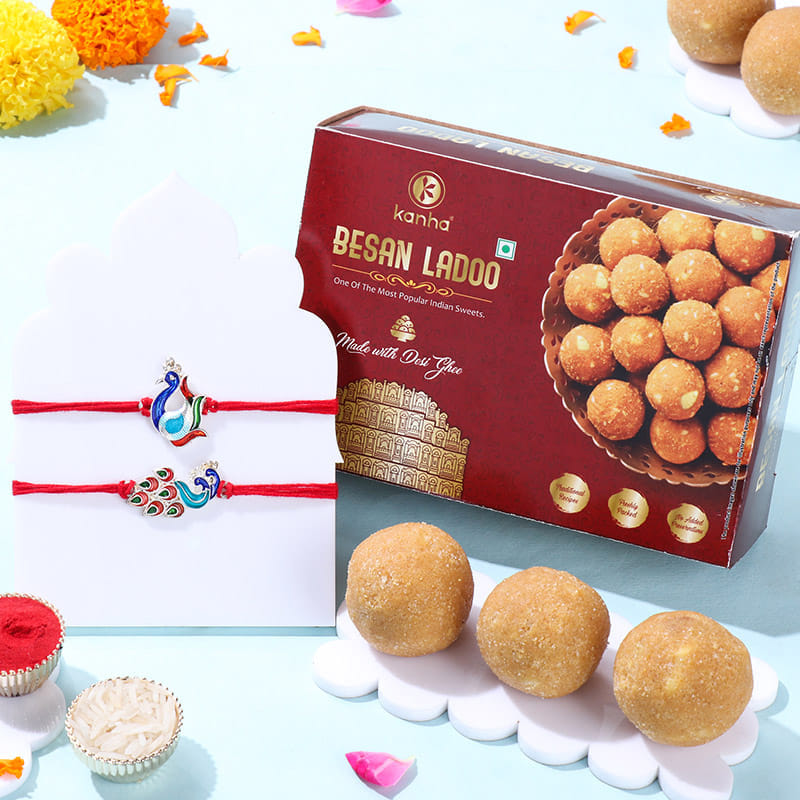 Elegant Peacock Rakhi Duo With Besan Ladoos