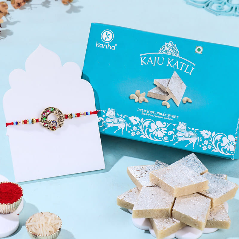 Elegant Peacock Rakhi With Kaju Katli