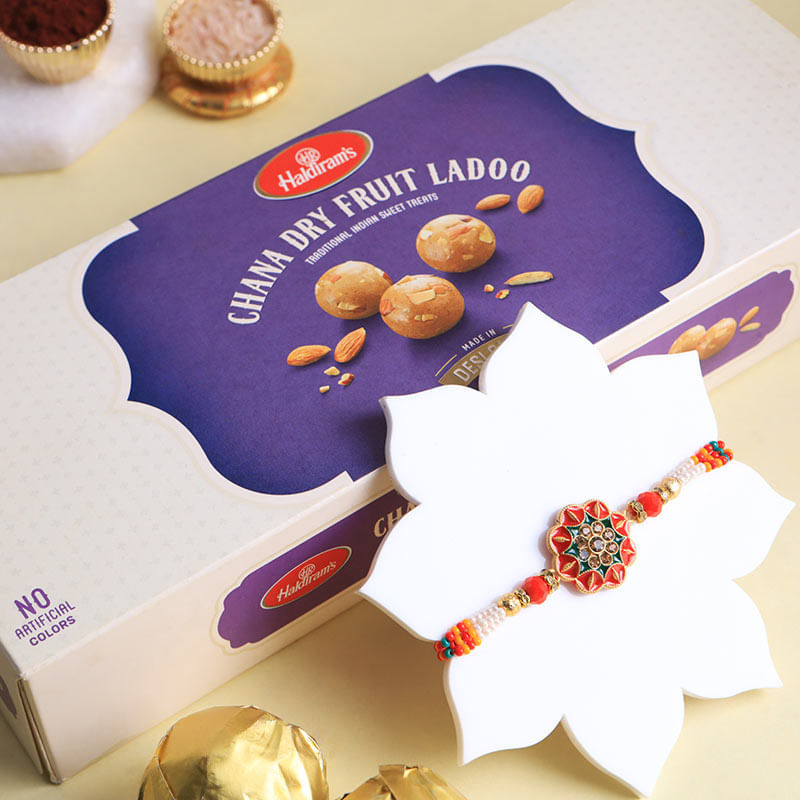 Elegant Pearl Rakhi With Chana Dry Fruit Ladoos
