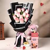 Elegant Pink Roses With Teddy N Treats