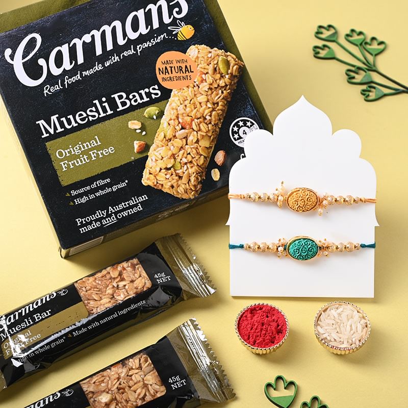 Set of 2 Elegant Rakhi With 6 Muesli Bars