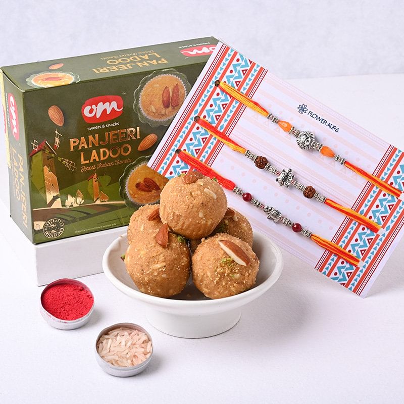 Set of 3 Designer Rakhi with Om Sweets Panjeeri Ladoo