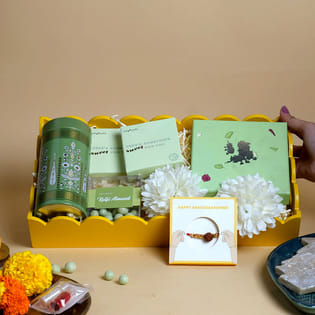 Elegant Rudraksha Rakhi N Sweet Bliss Hamper