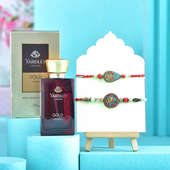 Embellished Om Charm Rakhi Duo With Perfume