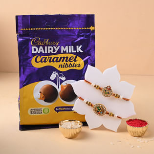 Embellished Rakhi With Cadbury Dark Milk Caramel Bar