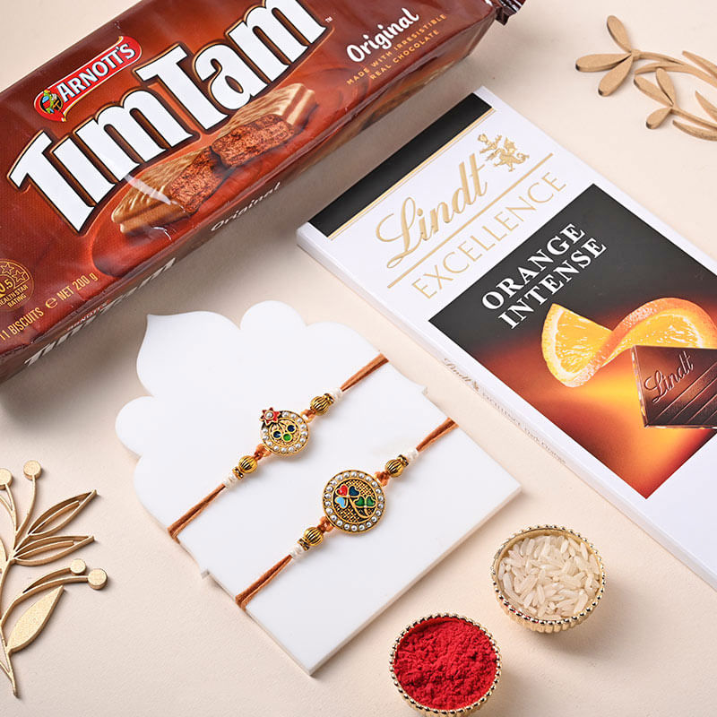 Set of 2 Embellished Rakhi With Tim Tam and Lindt Chocolate