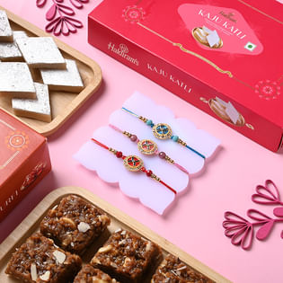 Set of 3 Embellished Designer Rakhi With Kaju Katli N Dodha Burfi
