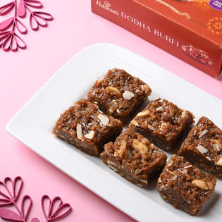 Set of 3 Embellished Designer Rakhi With Kaju Katli N Dodha Burfi