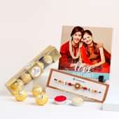 Embellished Rakhi With Photo Tile N Ferrero Rocher Choco