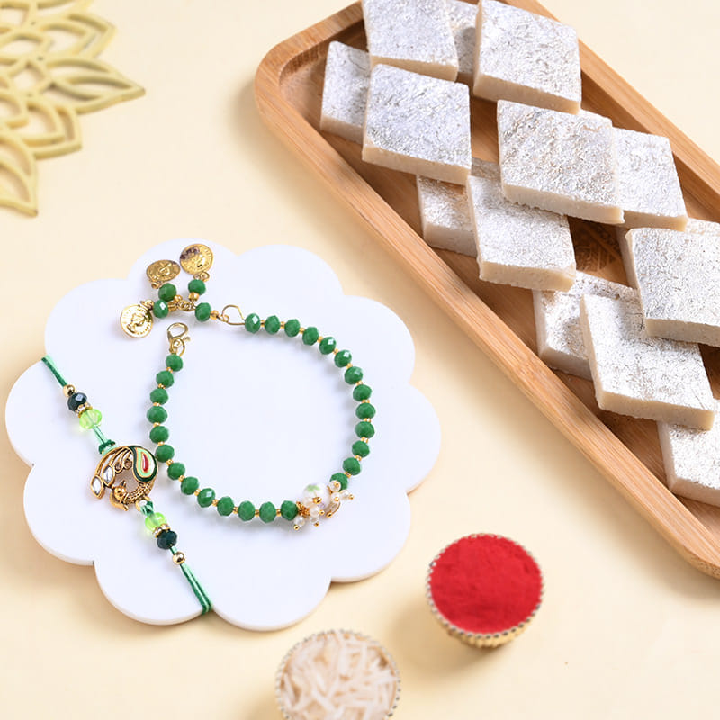 Emerald Bead Bhaiya Bhabhi Rakhi With Kaju Katli