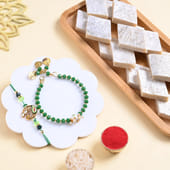 Emerald Bead Bhaiya Bhabhi Rakhi With Kaju Katli
