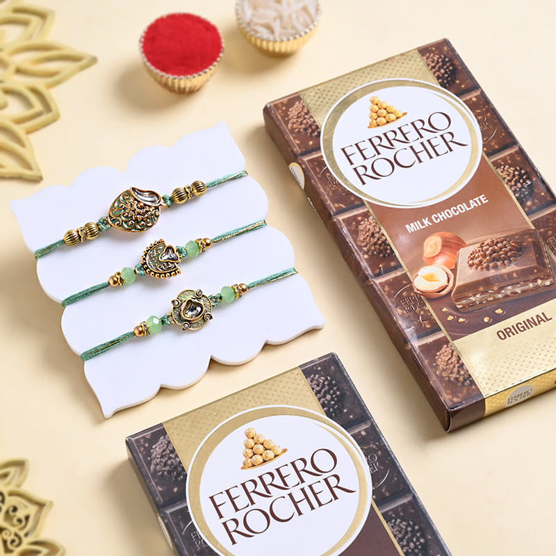 Emerald Grace Rakhi Trio With Ferrero Rocher Bars