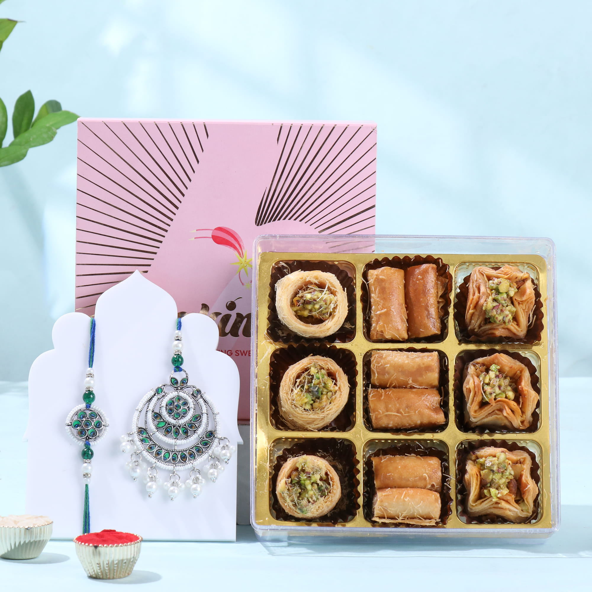 Emerald Pearl Bhai Bhabhi Rakhi N Baklawa Combo