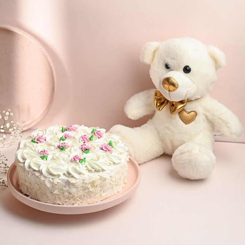 Enchanted Floral White Forest Cake With Teddy Combo