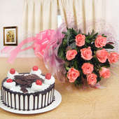Enchanting Beauty Combo of 10 pink roses with half kg black forest cake