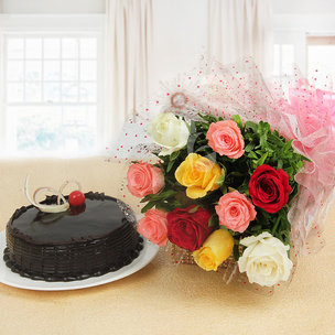 Endless Love - A gift hamper of 10 mixed roses with half kg chocolate cake