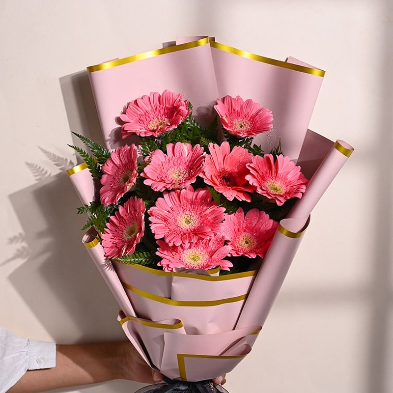 10 Pink Gerberas In Pink Premium Paper: Teachers Day Flowers