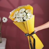 10 White Gerberas In Yellow Premium Paper