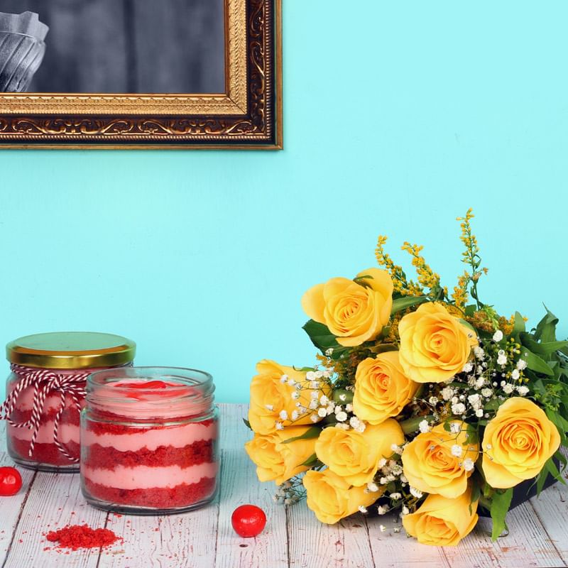 Eternal Velvety Love - Bunch of 12 Yellow Roses with 2 Red Velvet Jar Cakes