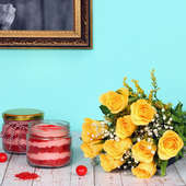 Eternal Velvety Love - Bunch of 12 Yellow Roses with 2 Red Velvet Jar Cakes