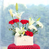 Ethereal Charisma - Bouquet of 2 Oriental Lilies and 5 White Carnations with 8 Red Carnations