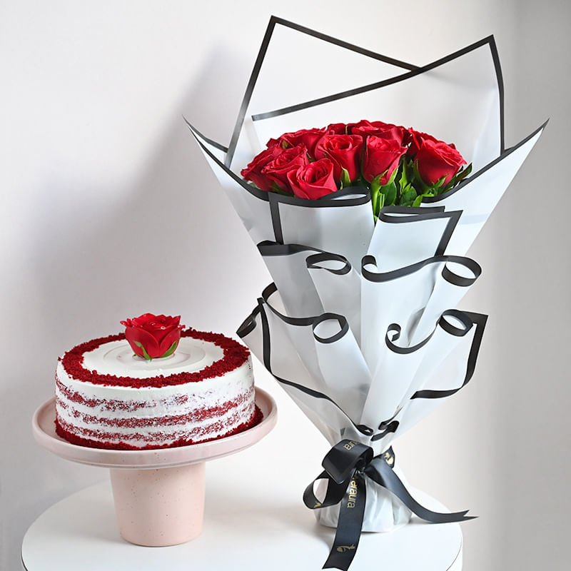  Red Roses Bouquet With Red Velvet Cake