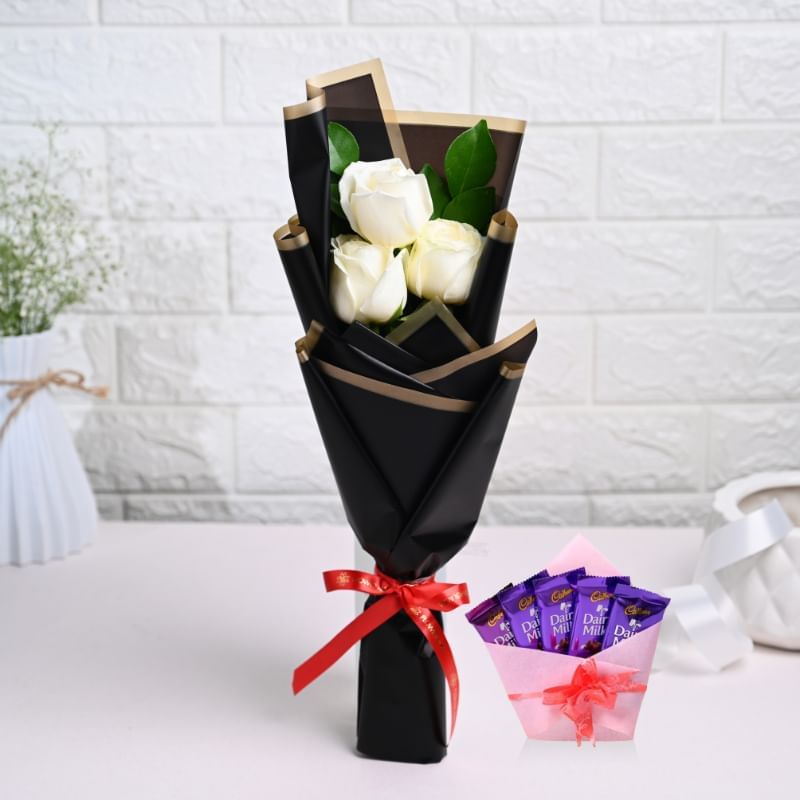 Ethereal White Roses With Chocolates