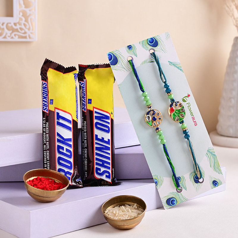 Ethnic Peacock Rakhis With Chocolates