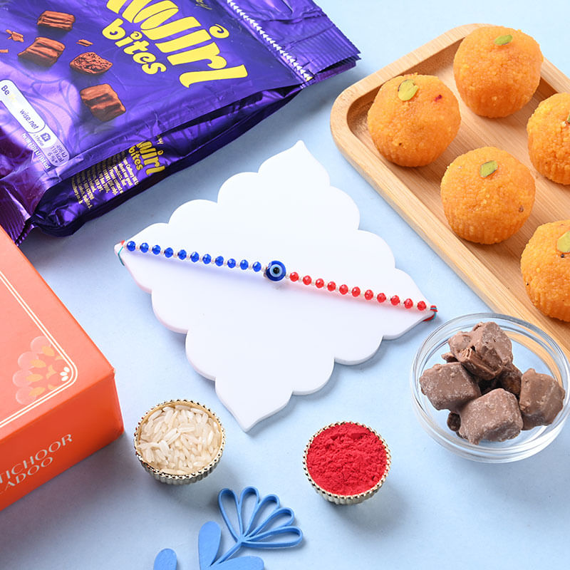 Evil Eye Beads Rakhi With Motichoor Ladoo N Chocolates