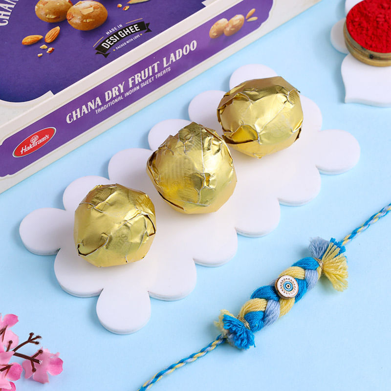Evil Eye Braided Kids Rakhi With Chana Ladoos