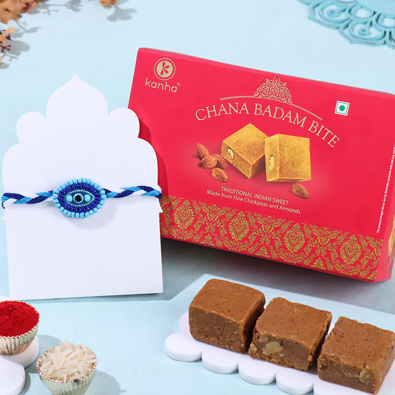 Evil Eye Oval Rakhi With Chana Badam Bites