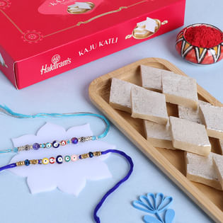 Set of 2 Evil Eye Protection Rakhi With Kaju Katli -USA